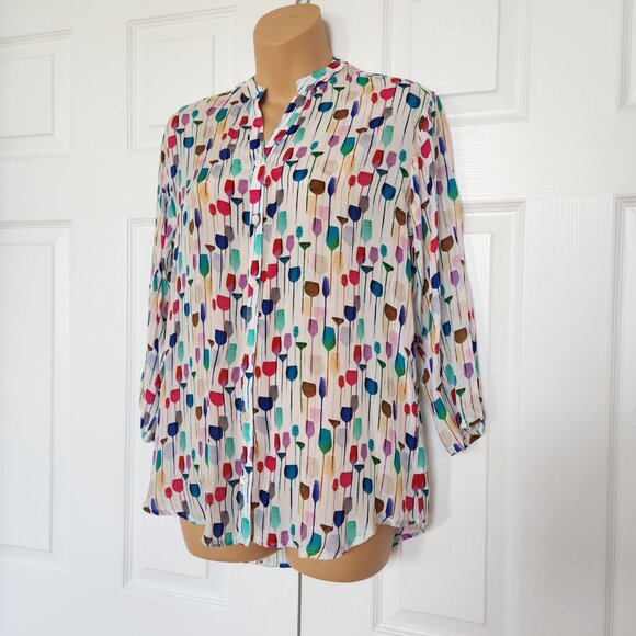 APNY NEW YORK WATERCOLOR WINE GLASS PRINT WOMAN'S BLOUSE SIZE S - Picture 3 of 11